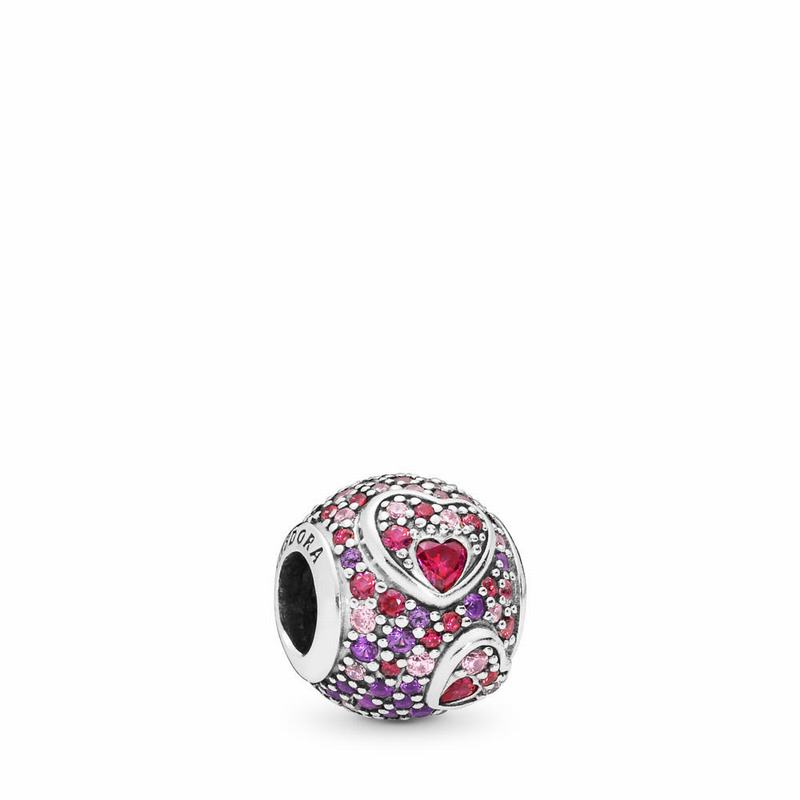 Pandora Asymmetric Hearts Of Love Charm Ireland - Sterling Silver/Mixed Stones/Cubic Zirconia/Crysta